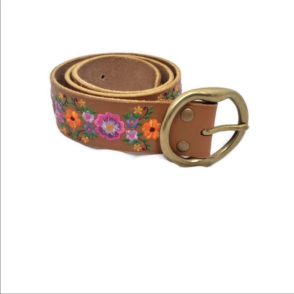 Lucky Brand Floral Leather Belt Boho Embroidered